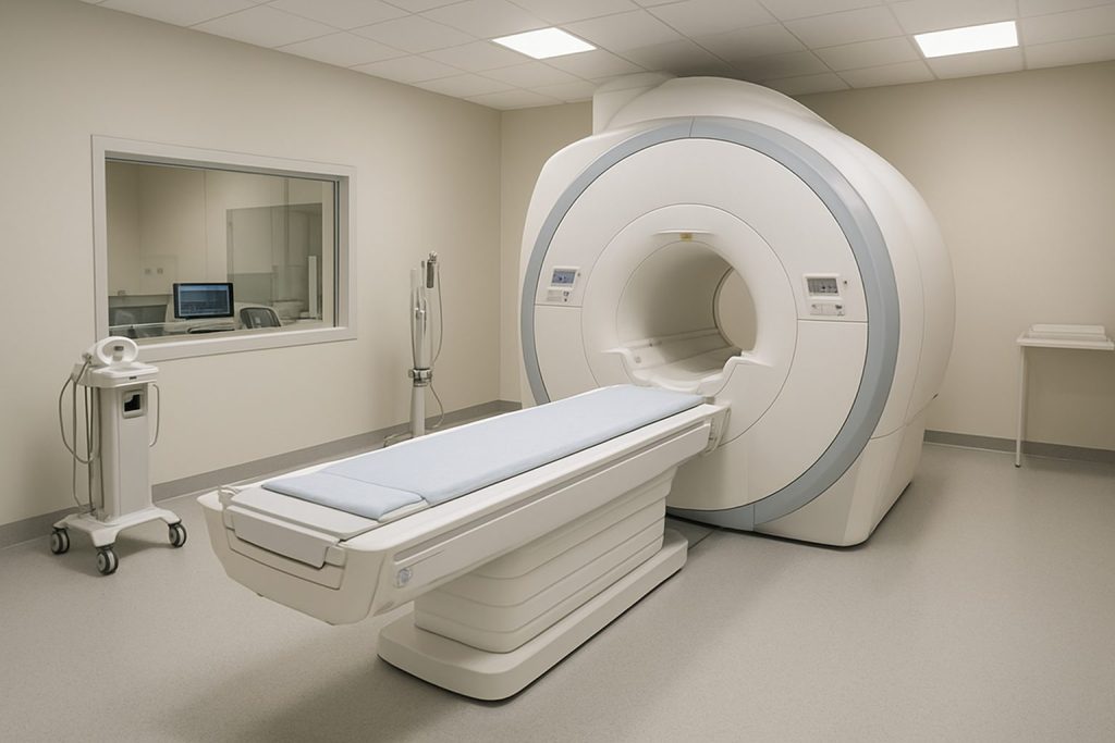 A modern radiology room featuring an MRI machine and medical equipment.