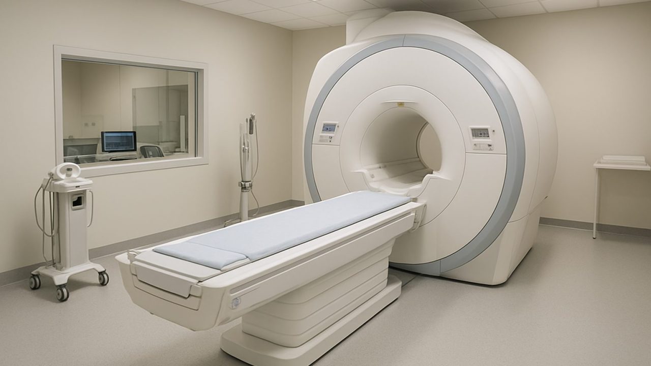 A modern radiology room featuring an MRI machine and medical equipment.