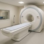 A modern radiology room featuring an MRI machine and medical equipment.