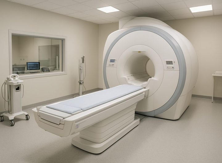 A modern radiology room featuring an MRI machine and medical equipment.