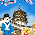Animated characters in traditional clothing with a historic building and cherry blossoms in the background