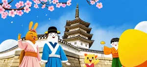 Animated characters in traditional clothing with a historic building and cherry blossoms in the background