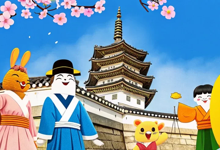 Animated characters in traditional clothing with a historic building and cherry blossoms in the background