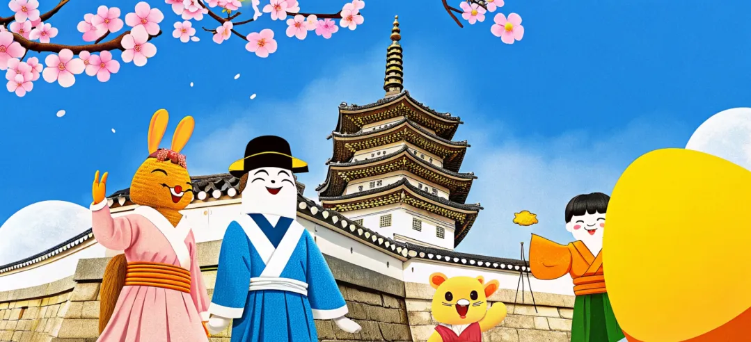 Animated characters in traditional clothing with a historic building and cherry blossoms in the background